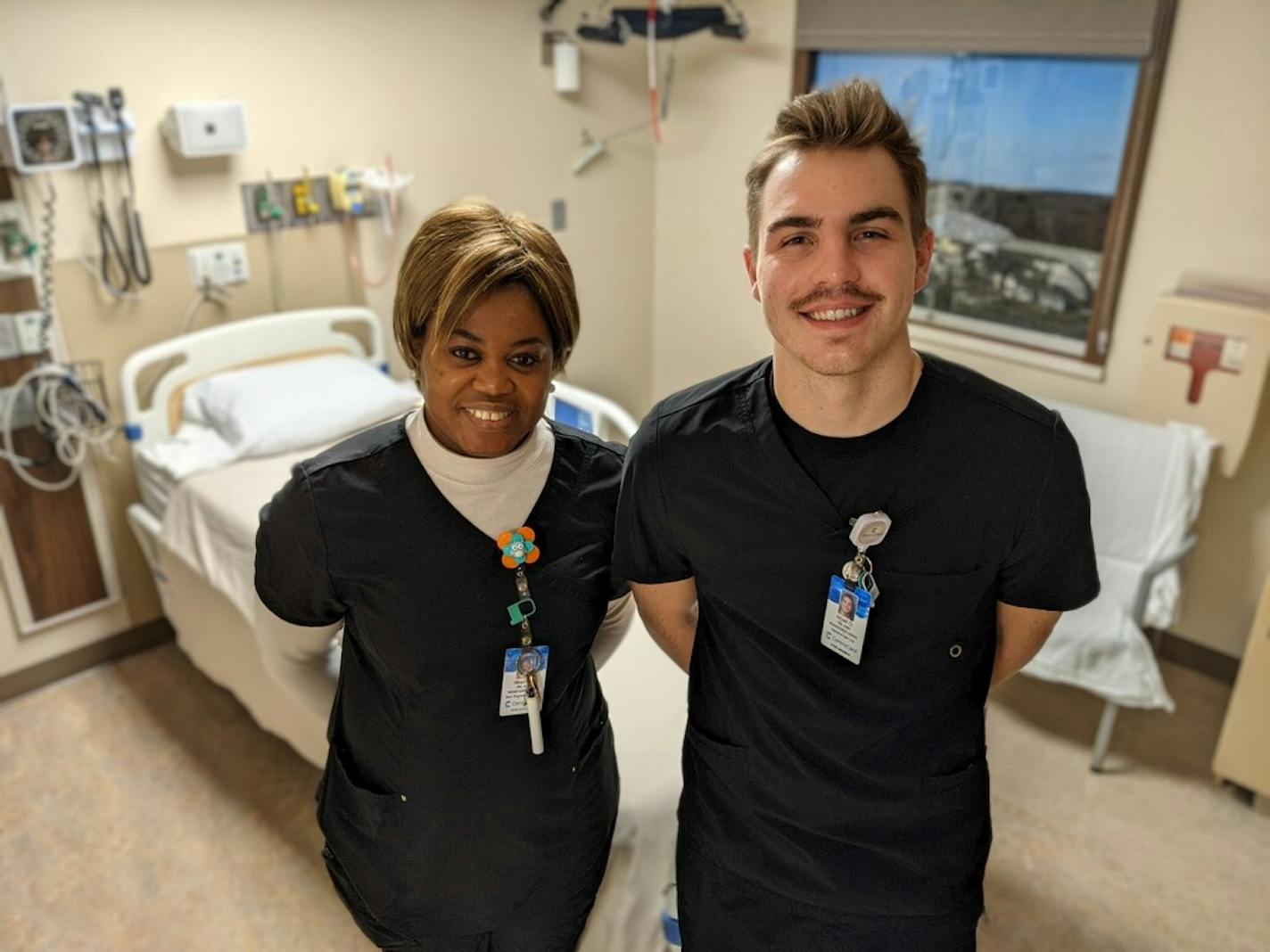 Nkeiruka Iogbonna and Wyatt Orth, both nurses at CentraCare's St. Cloud Hospital, are part of St. Cloud State's first cohort of students earning a nursing doctorate through a collaboration with the University of Minnesota. (Credit: Jenny Berg)