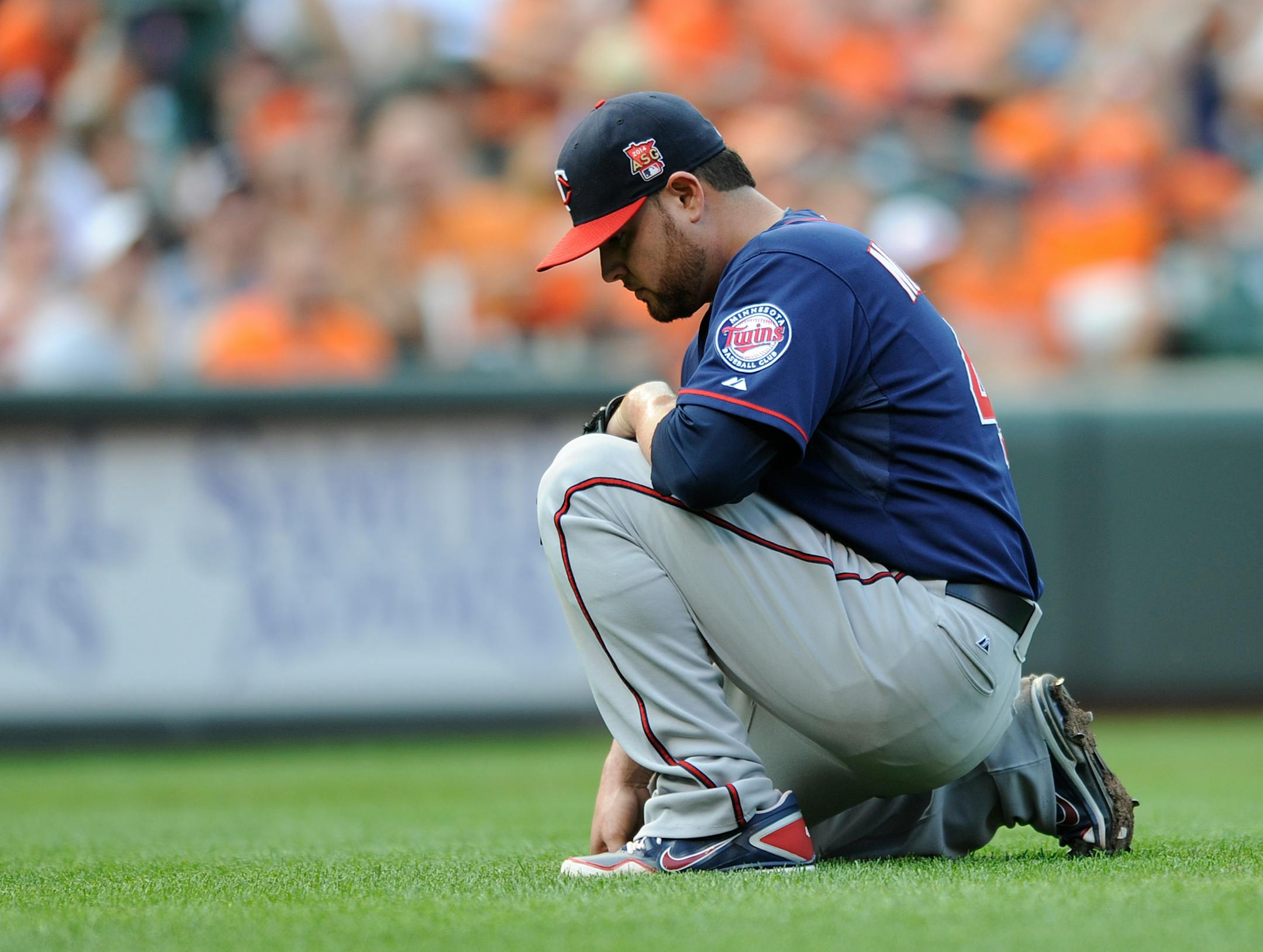 Twins starter Ricky Nolasco reacted after giving up a hit during Balitmore's seven-run sixth inning. Nolasco fell to 5-10 after giving up eight runs and 12 hits in five-plus innings.