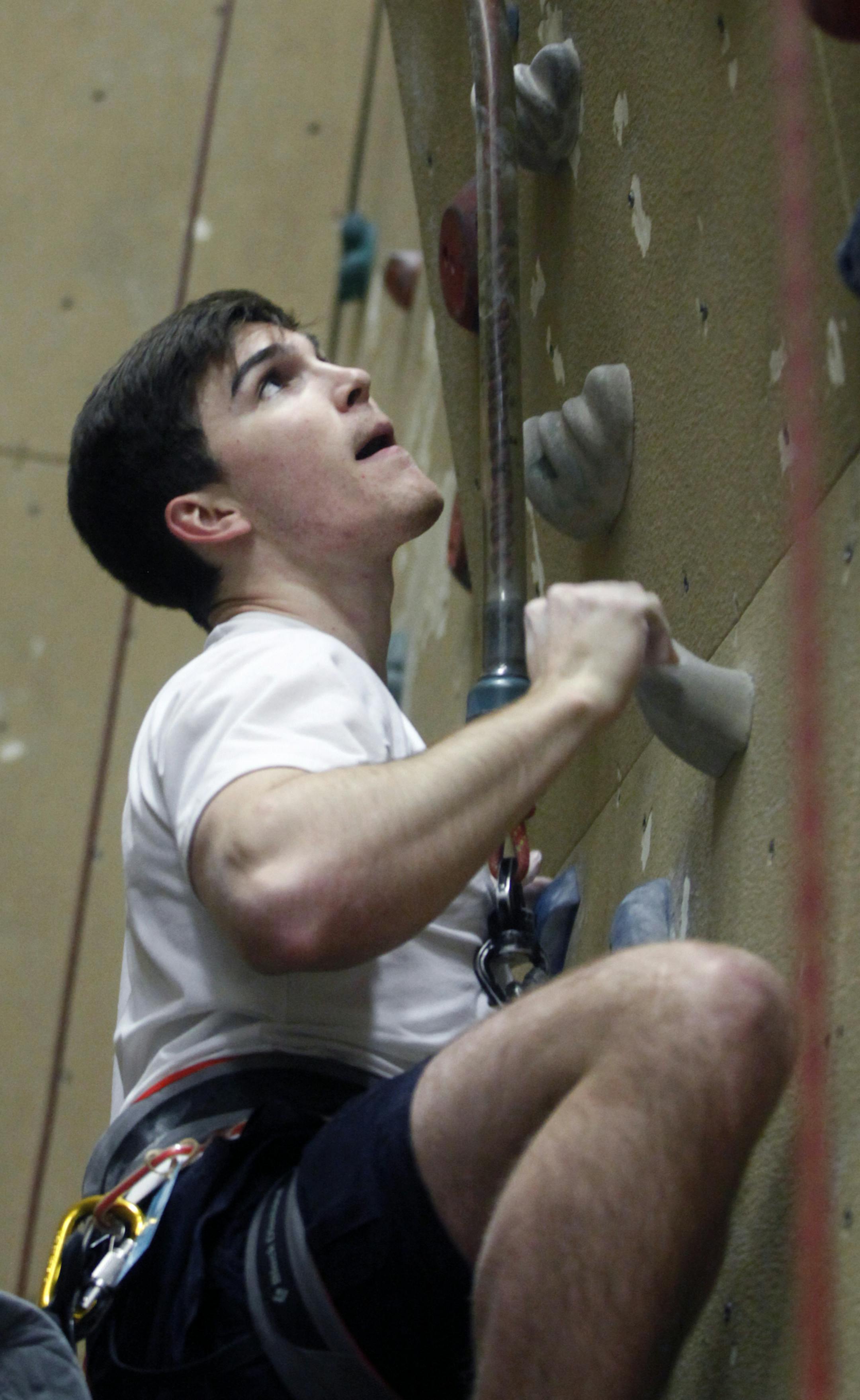 At Vertical Endeavors in Minneapolis on Tuesday adult rock climbing league night, Jordan Grimstad is 5.10 climber who is rather competitive. He is on an auto-belay that does not require someone to belay him.]rtsong-taatarii@startribune.com