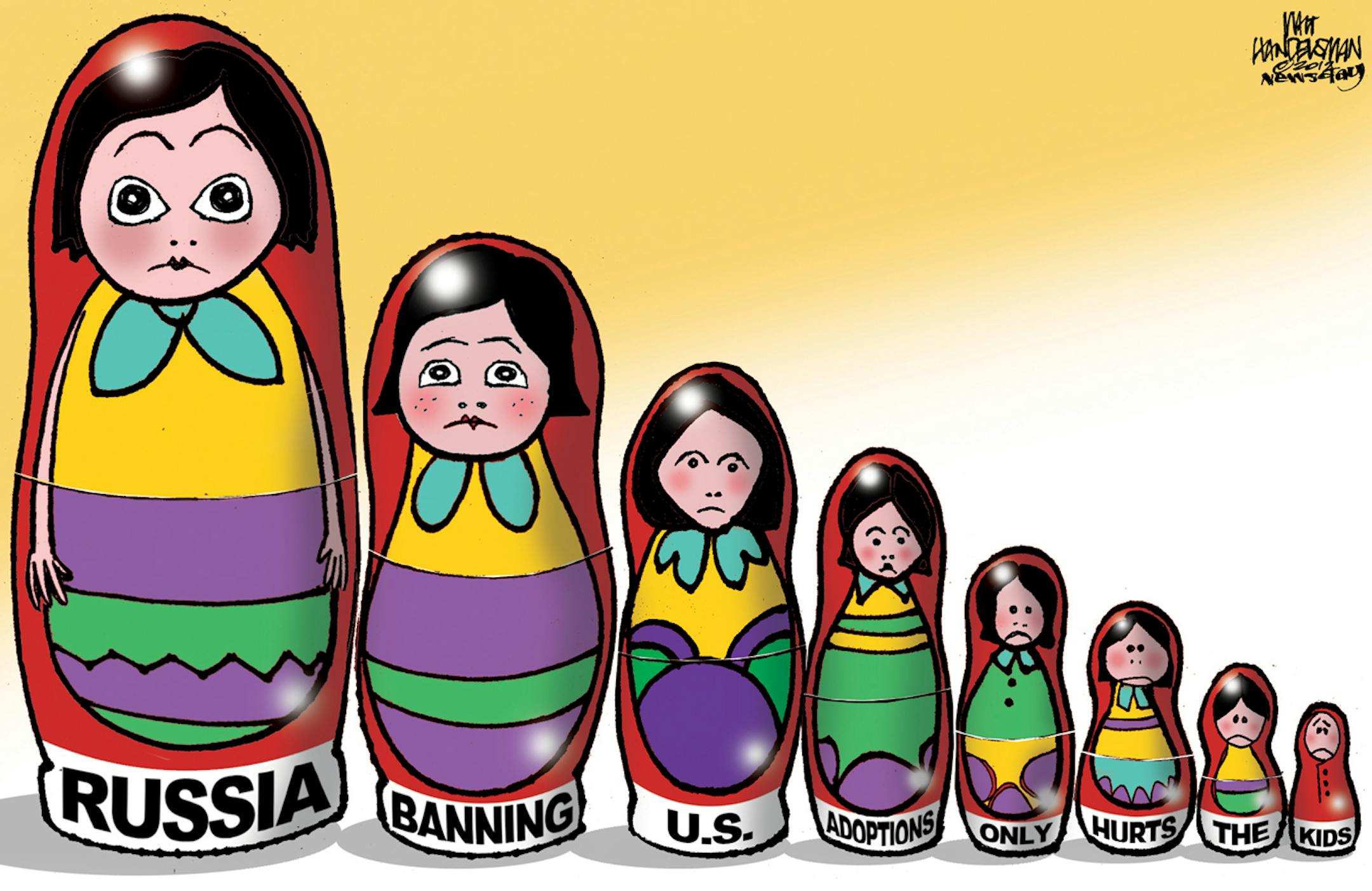 Walt Handelsman cartoon for Dec. 29, 2012. Topic: Putin bans Americans from adopting Russian children.