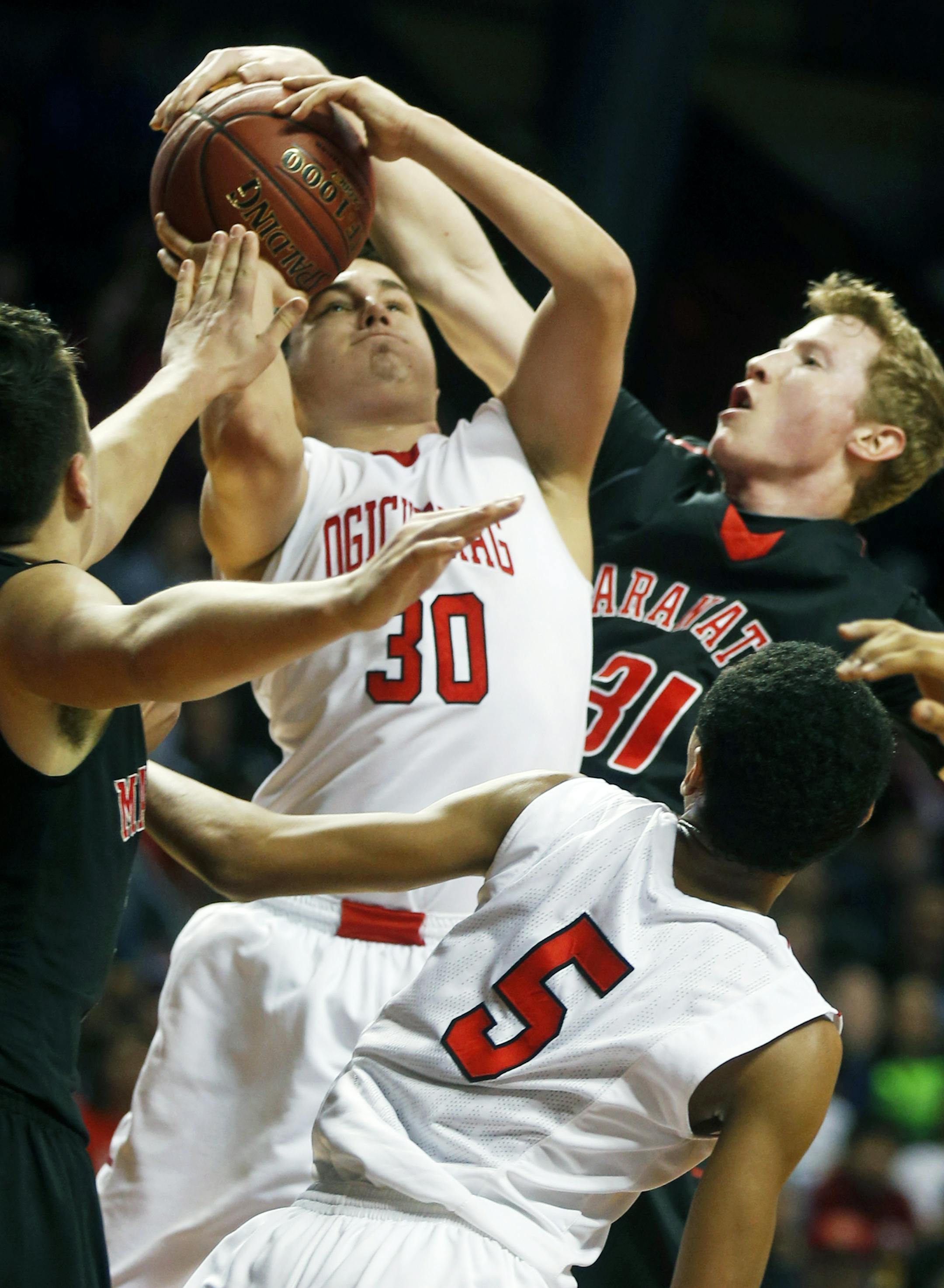 In the A quarterfinals between Maranatha Christian Academy and Red Lake H.S. at Williams Arena, Ryan Holthusen(30) is blocked by some Maranatha defenders including Cameron Monson(30) and Max Lund(31), right .]richard.tsong-taatarii/rtsong-taatarii@startribune.com ORG XMIT: MIN1403131913160597