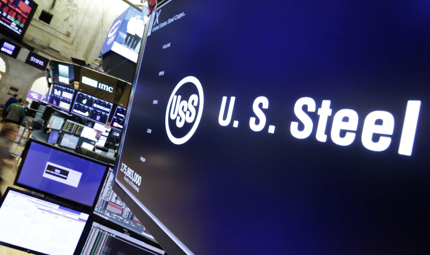 The logo for U.S. Steel appears above a trading post on the floor of the New York Stock Exchange, Friday, March 2, 2018. President Donald Trump on Friday insisted "trade wars are good, and easy to win," a bold claim that will likely find many skeptics, including those on Wall Street and even some Republicans. (AP Photo/Richard Drew)