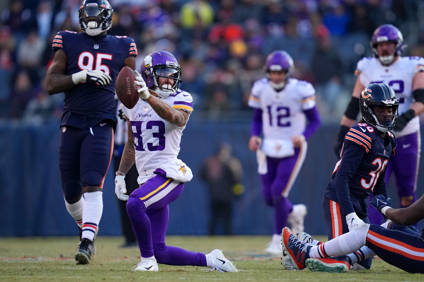 Minnesota Vikings wide receiver Jalen Nailor (83) signals the down in the fourth quarter.