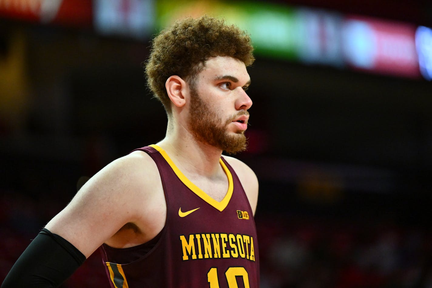 Minnesota forward Jamison Battle looks on during the second half of an NCAA college basketball game against Maryland, Wednesday, March 2, 2022, in College Park, Md. (AP Photo/Terrance Williams)