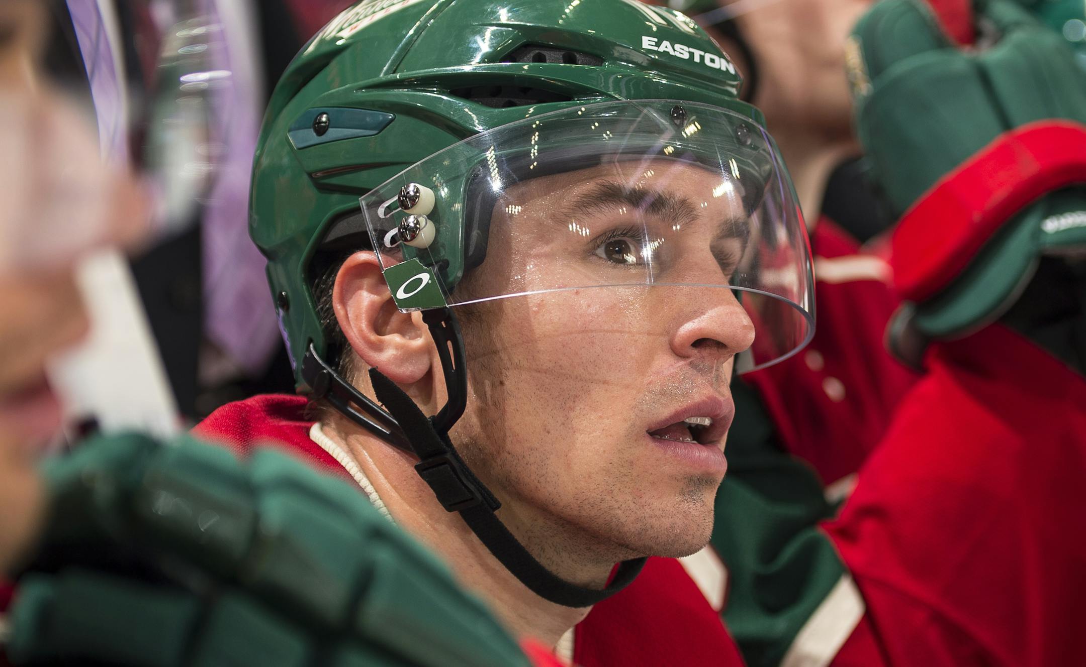Minnesota Wild left wing Zach Parise (11) sat on the bench during the third period. ] (AARON LAVINSKY/STAR TRIBUNE) aaron.lavinsky@startribune.com The Minnesota Wild played the Edmonton Oilers on Tuesday, Oct. 27, 2015 at Xcel Energy Center in St. Paul, Minn.