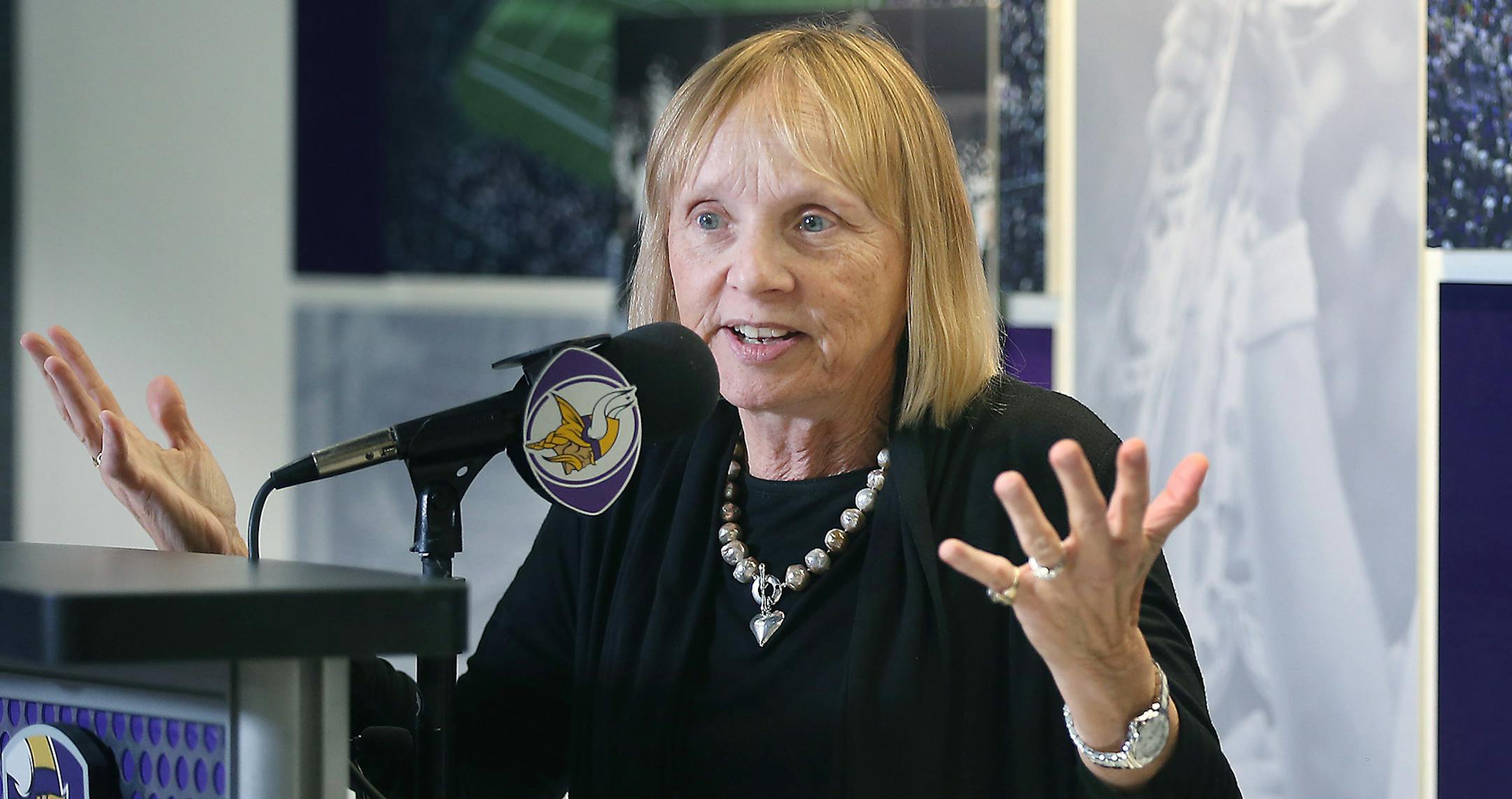 Michele Kelm-Helgen, the Chair of the Minnesota Sports Facilities Authority, spoke to the media regarding their reaction to not being chosen as a venue for the 2020 College Football Playoff Championship Game, during a press conference, Wednesday, October 4, 2015 in Minneapolis, MN. ] (ELIZABETH FLORES/STAR TRIBUNE) ELIZABETH FLORES ï eflores@startribune.com ORG XMIT: MIN1511041421470003