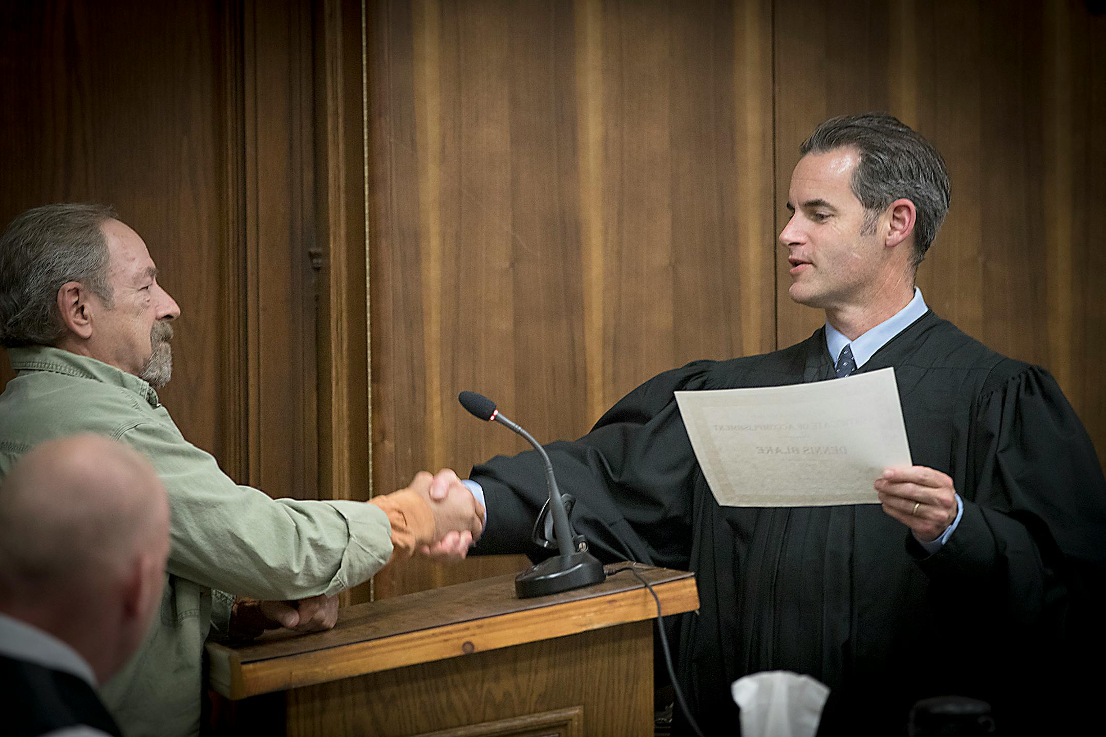 Duluth Judge Shaun Floerke gave praise to a defendant Dennis Blake during DWI court, Friday, August 11, 2017 in Duluth, MN.