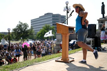 Winona LaDuke addressed protesters during a demonstration against Enbridge Line 3 outside the Minnesota Capitol in August 2021.