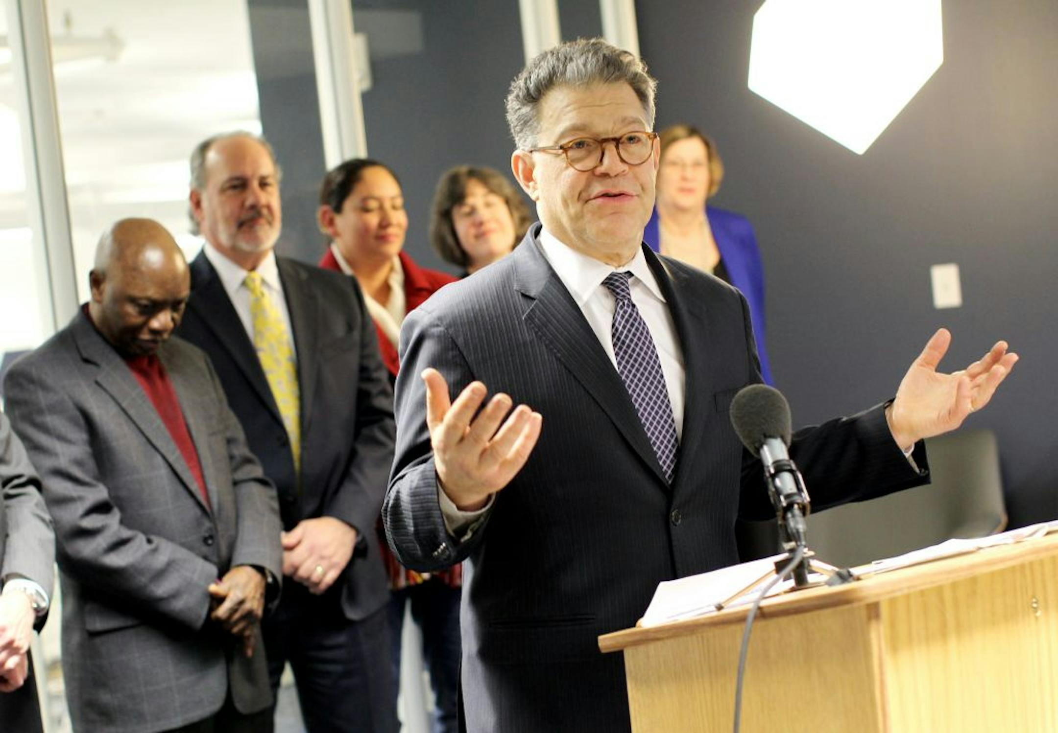 Sen. Al Franken (D-Minn.) discussed concerns he's heard from Minnesotans who will be impacted by the current "fiscal-cliff" budget negotiations after a private meeting with citizens who work in education, health care, agriculture, research, and human services at the University of Minnesota Minneapolis December 14, 2012.
