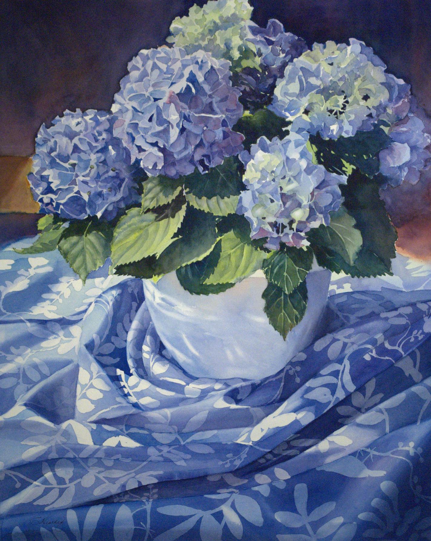 In &#x201c;Blue on Blue,&#x201d; Catherine Hearding of Lake Elmo uses transparent watercolor to capture the papery delicacy of hydrangeas.