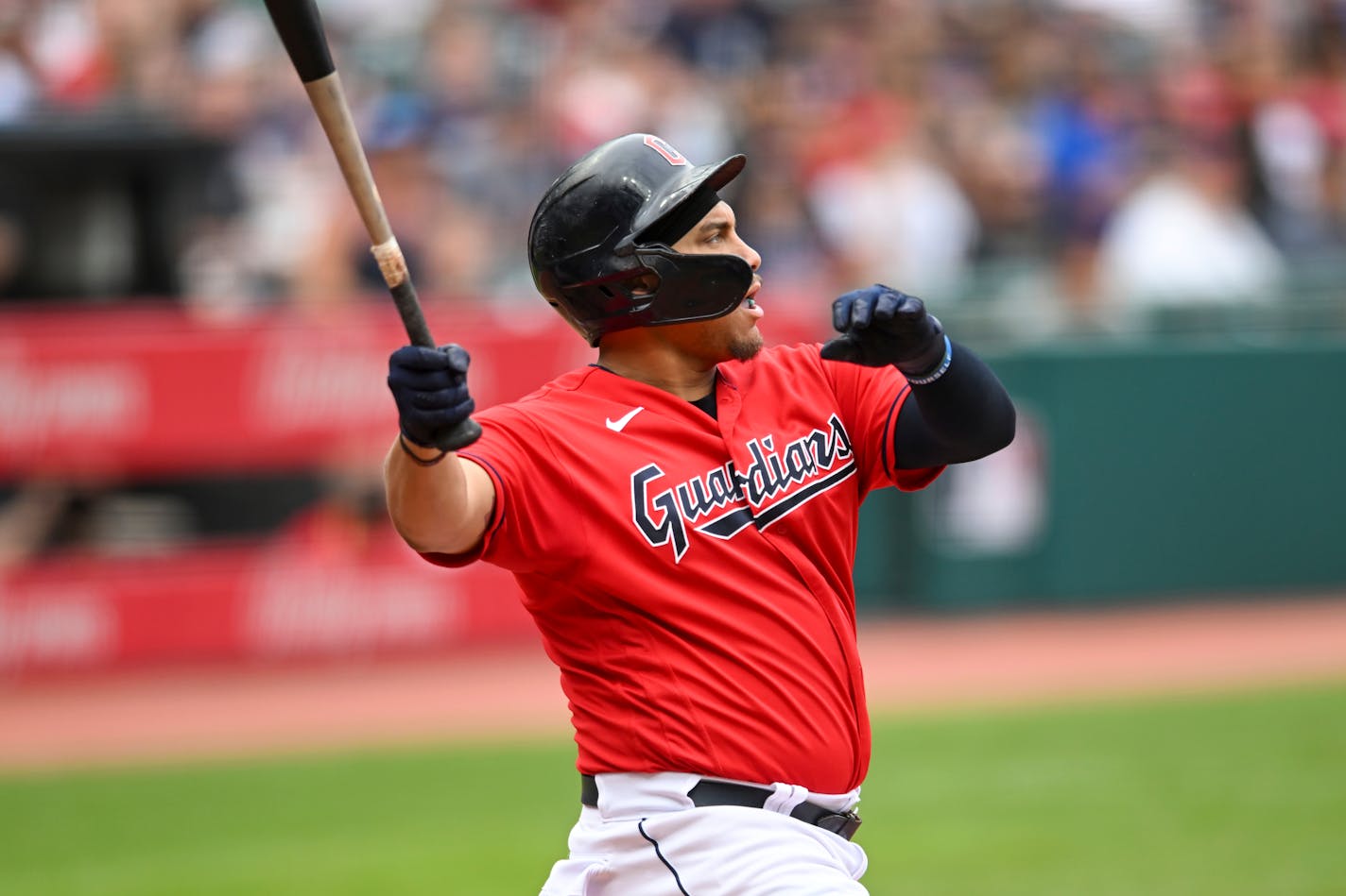 Cleveland Guardians first baseman Josh Naylor (22) hits a three-run home run off Minnesota Twins starting pitcher Sonny Gray during the first inning of a baseball game, Monday, Sept. 19, 2022, in Cleveland. (AP Photo/Nick Cammett)