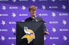 Vikings quarterback J.J. McCarthy speaks at rookie minicamp last week.



  ] AARON LAVINSKY • aaron.lavinsky@startribune.com