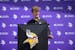 Vikings quarterback J.J. McCarthy speaks at rookie minicamp last week.