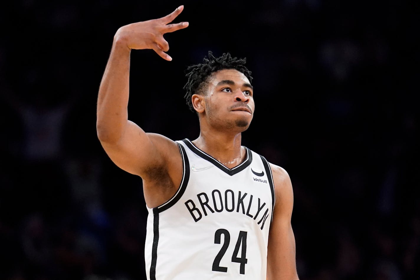 Nets guard Cam Thomas celebrated after scoring in the final seconds of against the New York Knicks on Feb. 16