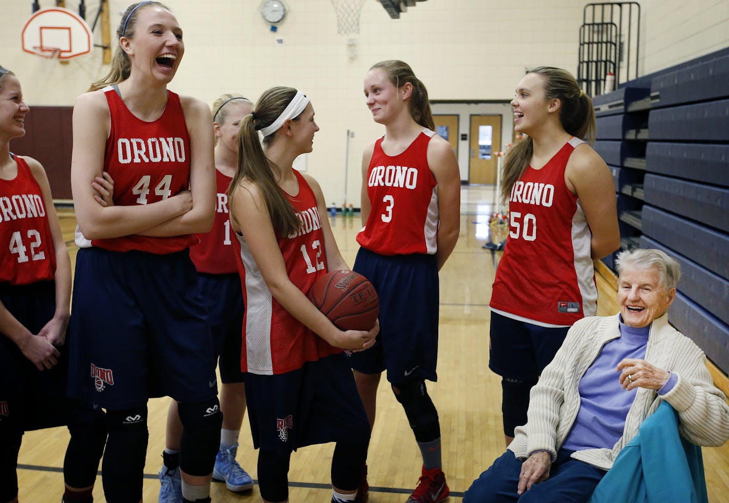 Bev Ebbecke enjoyed a lighthearted moment during the Orono basketball team practice. Ebbecke was the first girls' basketball coach in Orono history and still makes all the practices and games. ] CARLOS GONZALEZ &#xef; cgonzalez@startribune.com - December 7, 2015, Orono, MN, The Orono girls basketball team is ranked No. 1 in Class 3A. One of the key elements behind the scenes is the everyday presence of 83-year-old Bev Ebbecke. Ebbecke was the first girls basketball coach in Orono history and sti