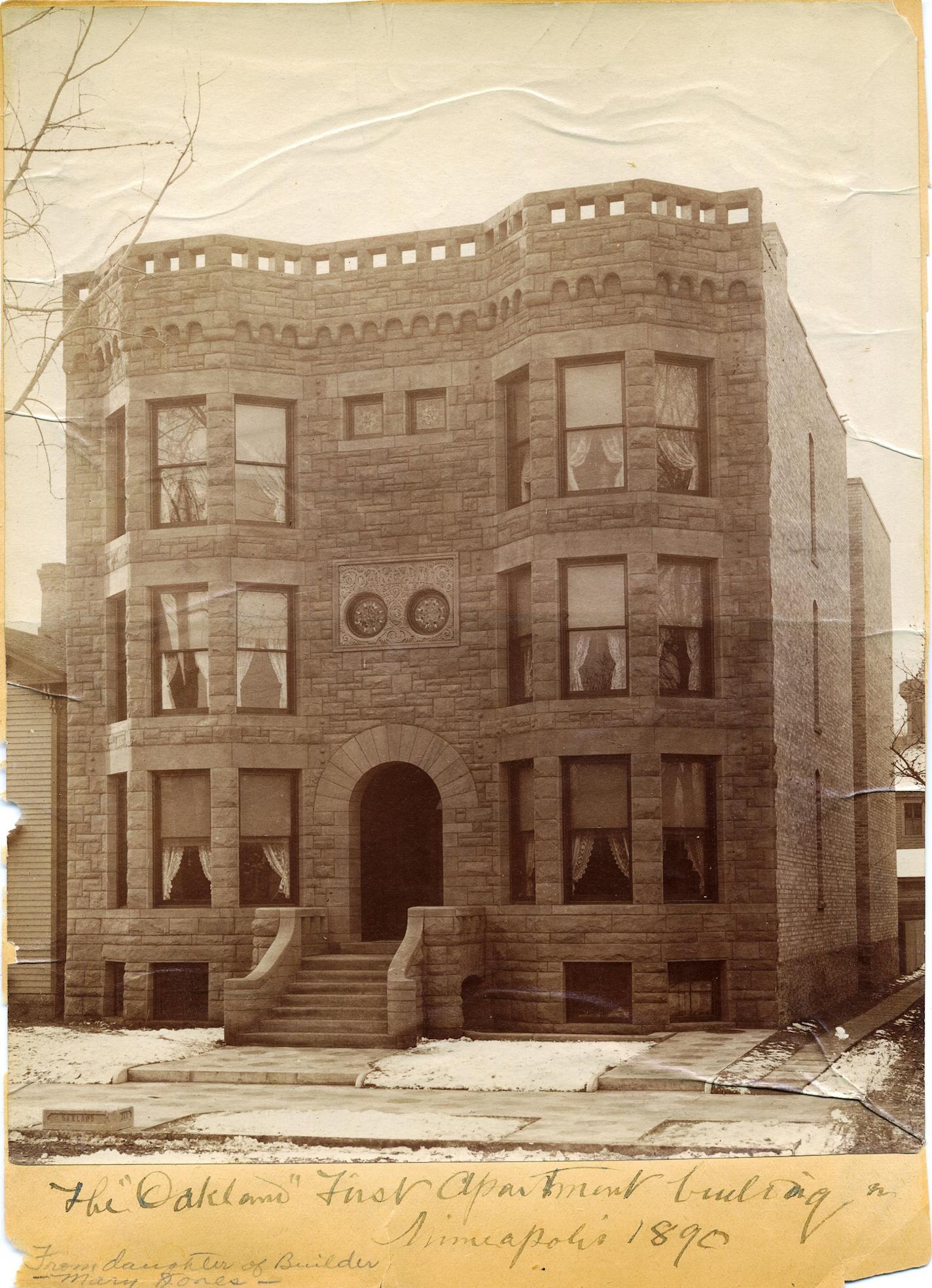 The Oakland Apartments as seen in a 1930s photo taken by the architect, Harry Wild Jones. The photo was included in a Jones scrapbook.