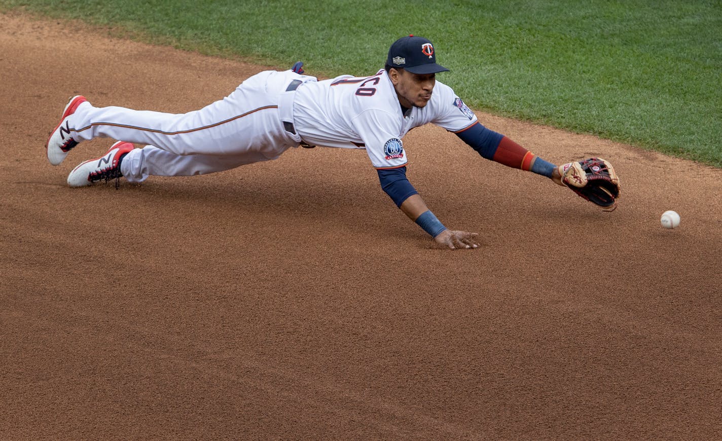 Twins shortstop Jorge Polanco could not reach this ball hit by the Astros' Kyle Tucker in the fourth inning, but it was his errant throw in the ninth that proved costly in the Twins' 4-1 loss in Game 1 of the AL wild-card series Tuesday at Target Field.