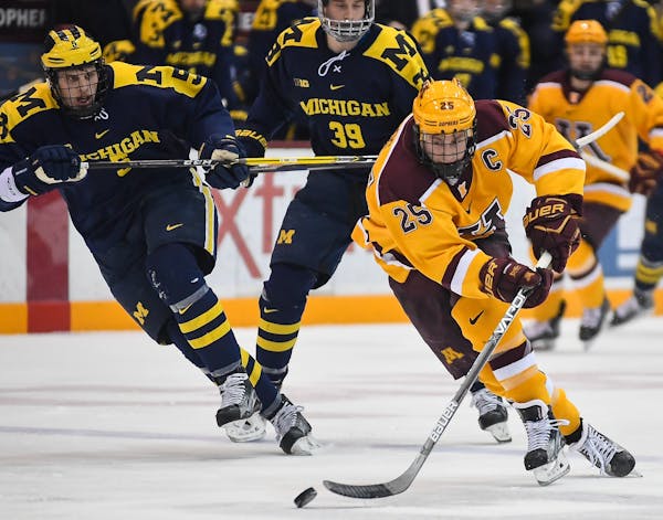 Minnesota Golden Gophers center Justin Kloos (25) raced down the ice with the puck during a second period breakaway agains the Michigan Wolverines. ] 