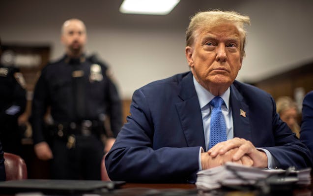 Former President Donald Trump in the courtroom for his criminal trial at Manhattan Criminal Court on April 26.