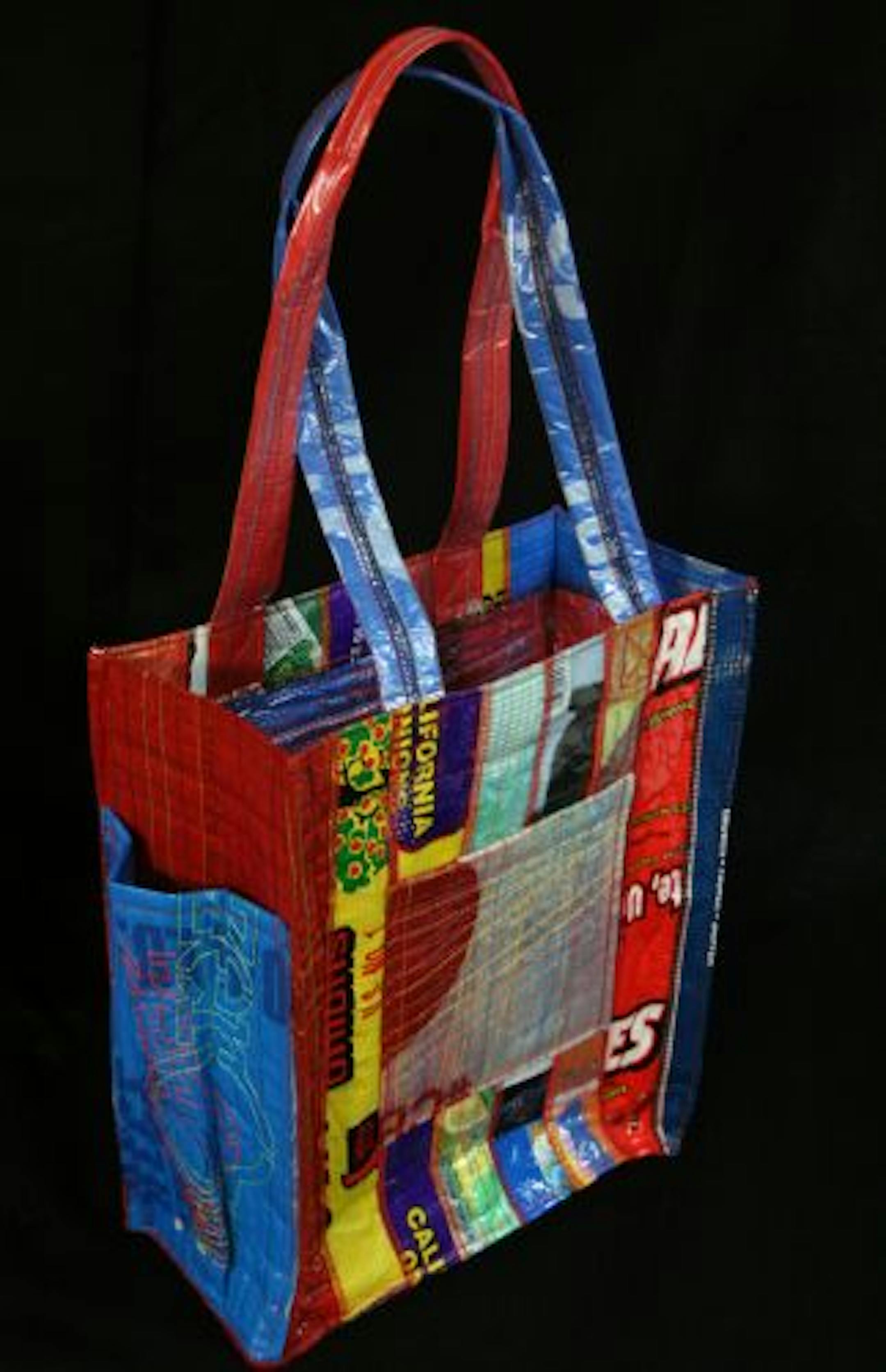 The Random Stripe Signature Tote is a product of ZerOw Bags, a local business that creates bags out of recycled plastics. ZerOw Bags was created in August 2008 by Paule Hempe and Chad Campbell.