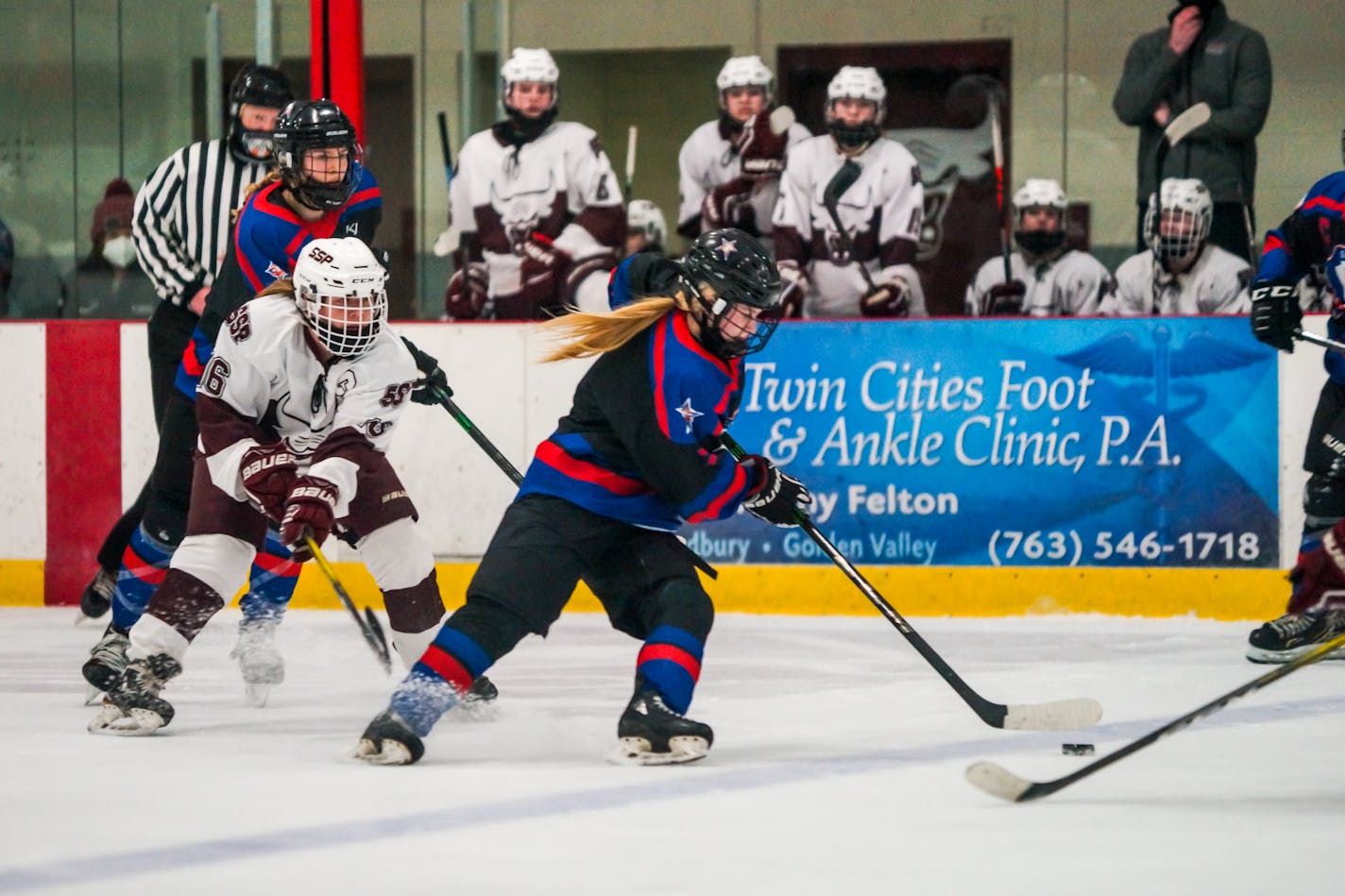 Gentry Academy's Cara Sajevic carries the puck into the South St. Paul zone in the third period of the Section 4, 1A final, 3/19/21