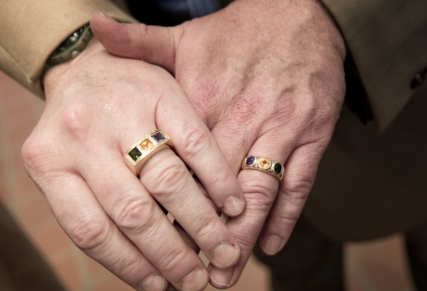 Karl Starr and Christopher Haug had these rings made after their commitment ceremony. They will become legally married by Pastor Christopherson at Central Lutheran Church in Minneapolis in September. Wednesday, July 17, 2013