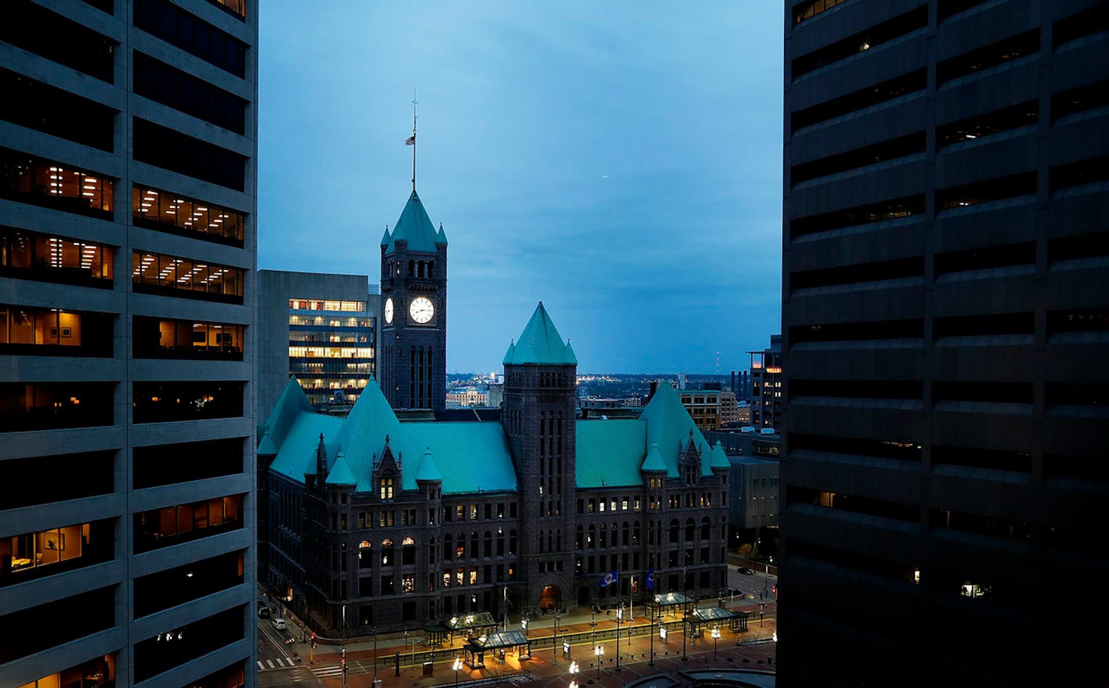 The renovated City Hall/Hennepin County Courthouse clock in Minneapolis.
