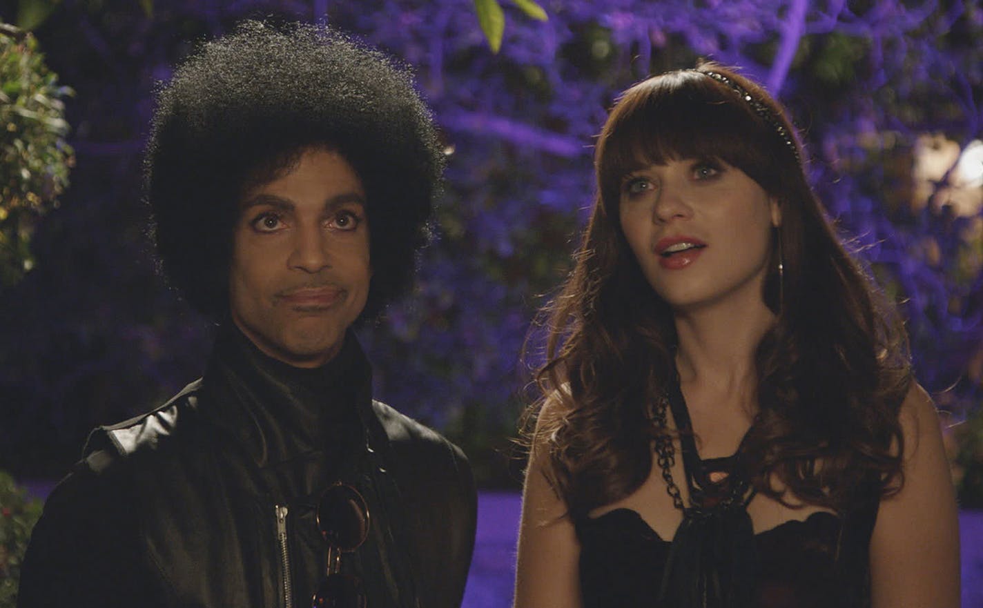 Music royalty Prince (L) makes a special guest appearance in the"Prince" episode of "NEW GIRL" airing Sunday, Feb. 2 (approx. 10:30-11:00 PM ET/7:30-8:00 PM PT), immediately after FOX Sports' coverage of SUPER BOWL XLVIII on FOX. Also pictured: Zooey Deschanel (L). 2014 Fox Broadcasting Co. Cr: FOX