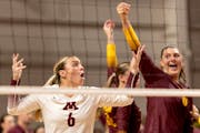 Kylie Murr (6) of Minnesota reacts after a play in the second set Tuesday, August 29, 2023, Maturi Pavilion in Minneapolis, Minn. ] CARLOS GONZALEZ �