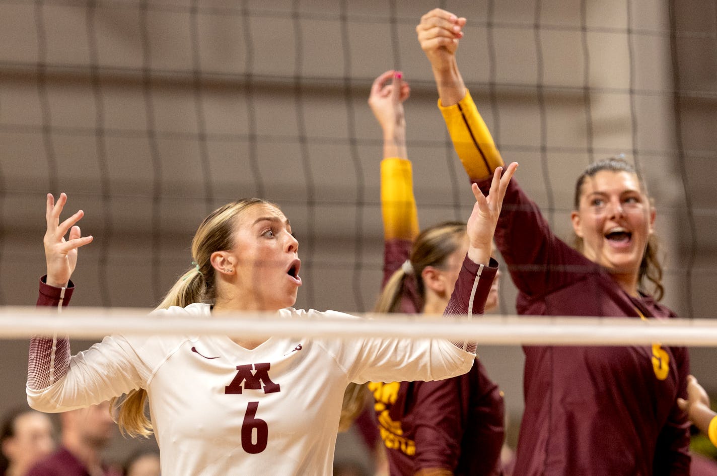 Kylie Murr (6) of Minnesota reacts after a play in the second set Tuesday, August 29, 2023, Maturi Pavilion in Minneapolis, Minn. ] CARLOS GONZALEZ • carlos.gonzalez@startribune.com