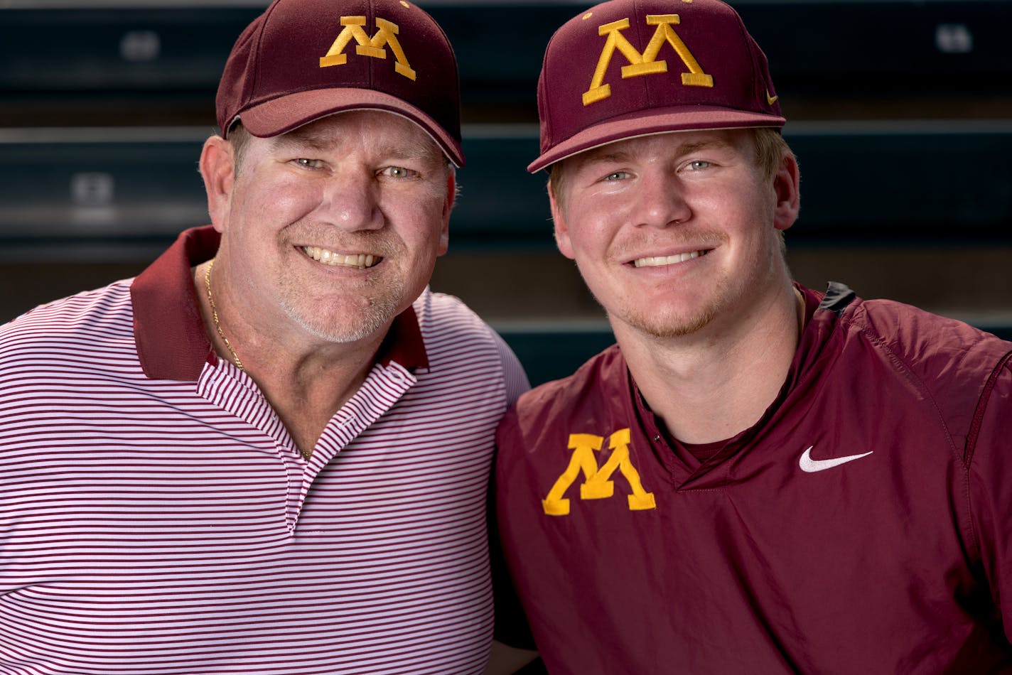 Mark Merila and son Boston Merila Tuesday, May 16, 2023, at Siebert Field in Minneapolis, Minn. Both ply/played baseball for the Minnesota Gophers ] CARLOS GONZALEZ • carlos.gonzalez@startribune.com