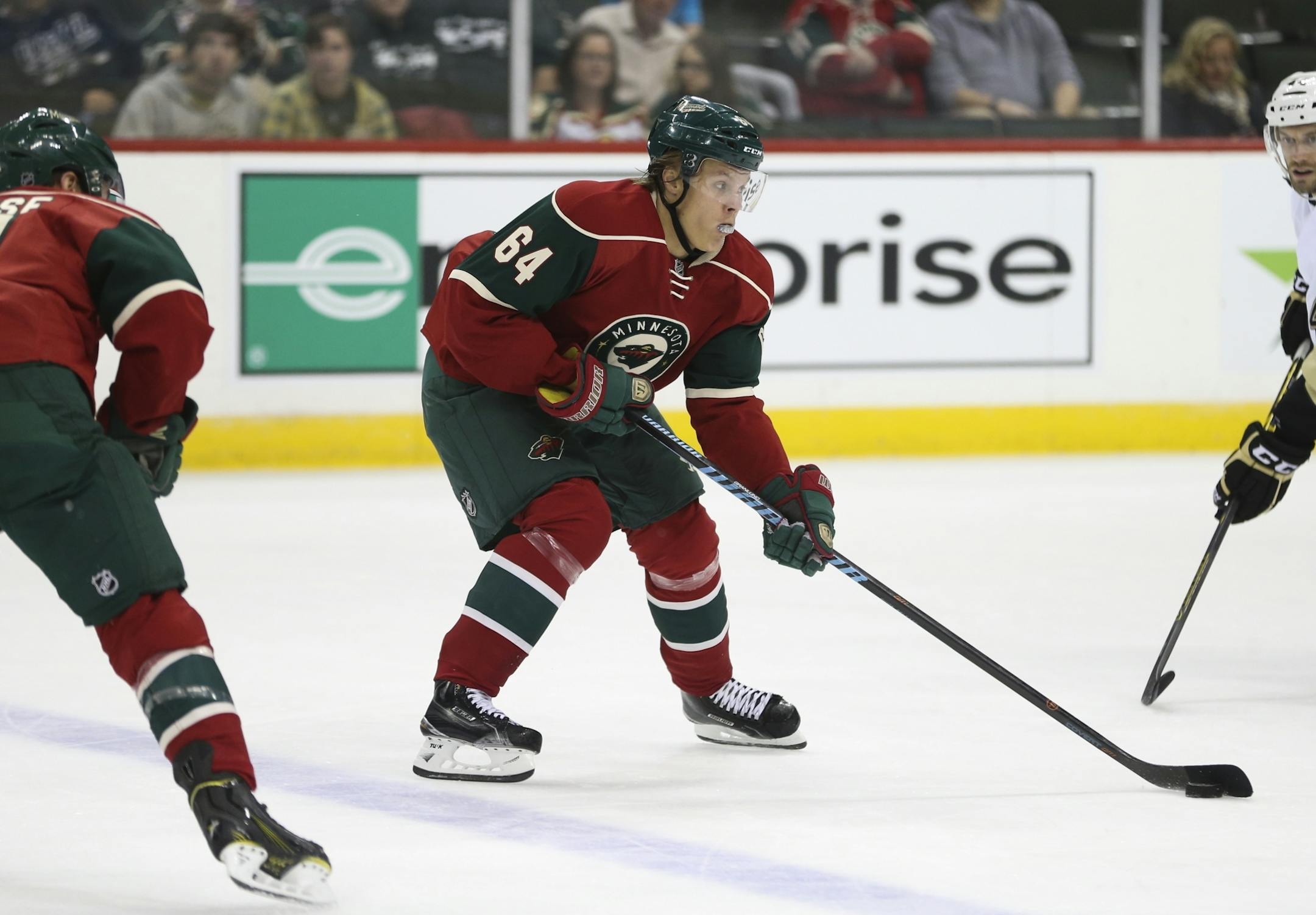Wild center Mikael Granlund skated with the puck in the first period during the Minnesota Wild vs. the Pittsburgh Penguins pre-season NHL game at the Xcel Energy Center on Monday, September 29, 2014 in St. Paul, Minn.