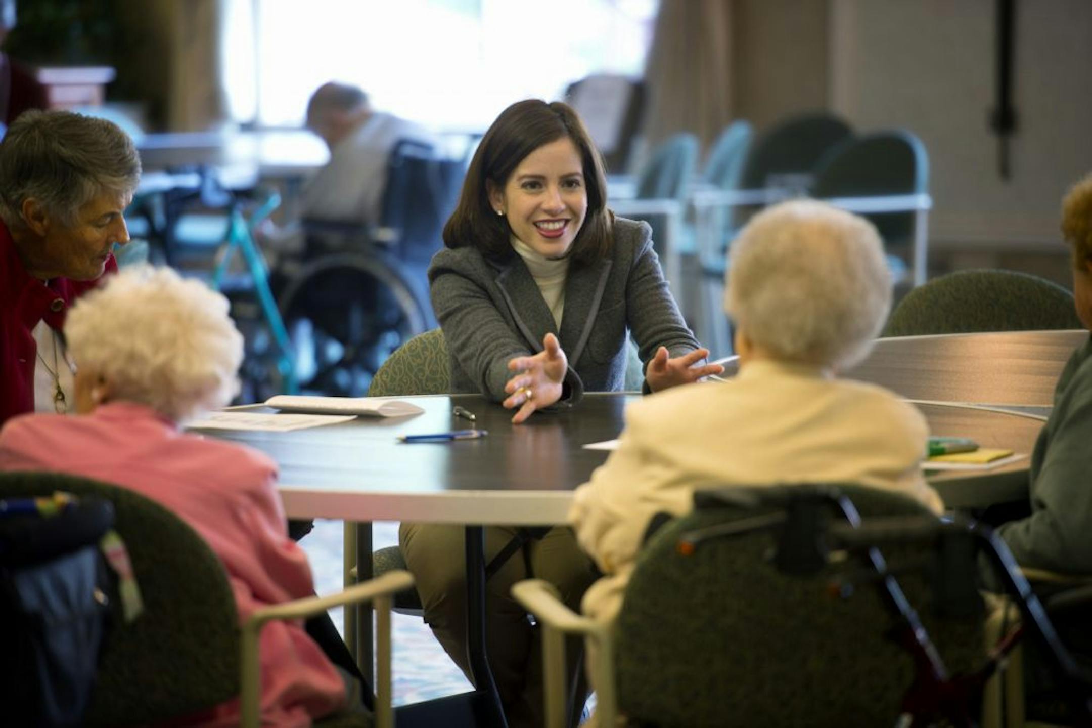 DFL candidate for State Senator in Minn., District 49 Melisa Franzen spoke with seniors at a candidate meet and greet, Friday, October 5, 2012, at Friendship Village in Bloomington.
