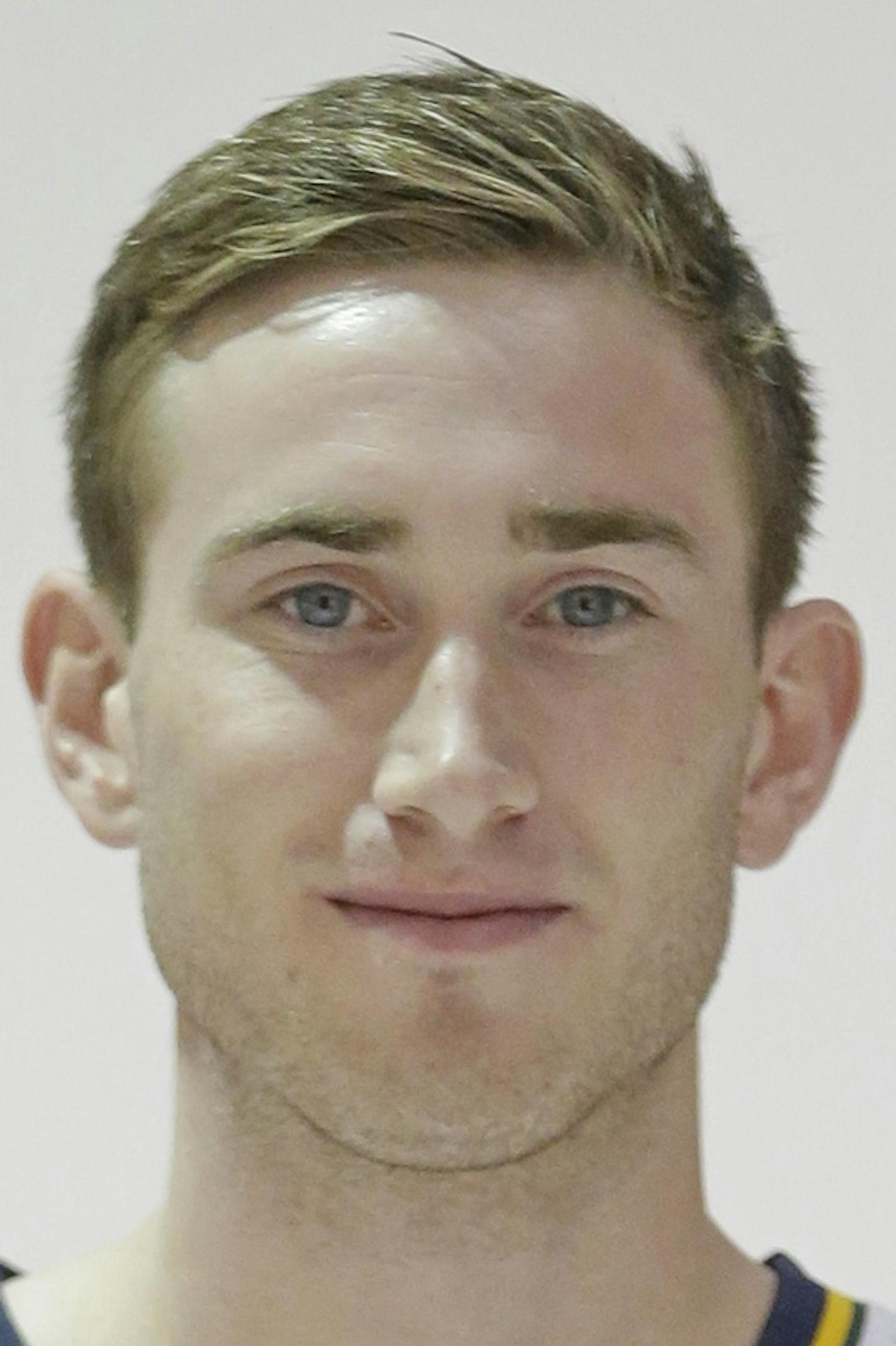 In this Monday, Sept. 29, 2014, photo, Utah Jazz's Gordon Hayward poses for a photo during the NBA basketball media day, in Salt Lake City. (AP Photo/Rick Bowmer) ORG XMIT: OTKRB125