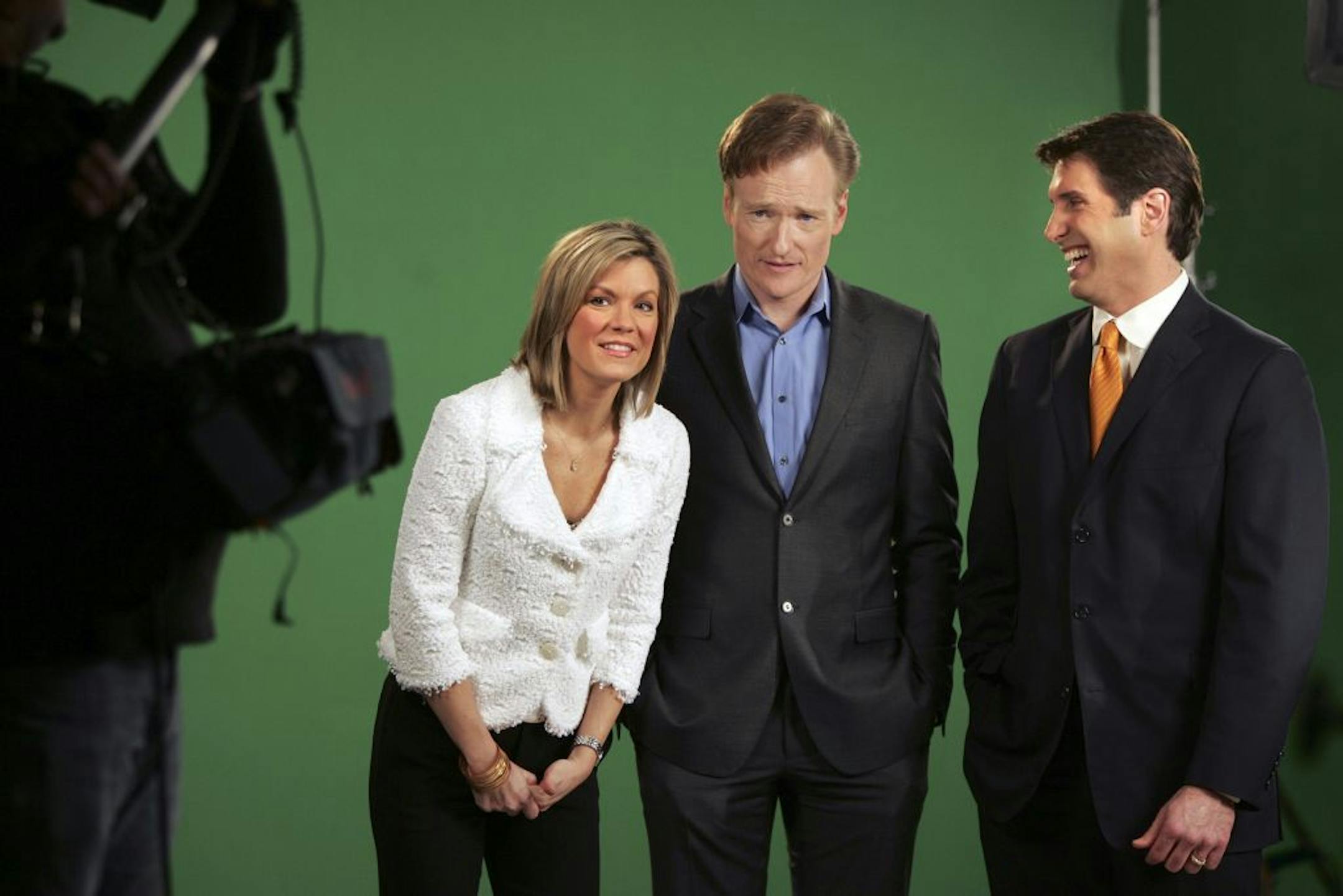 Conan O'Brien, center, visited the KARE 11 studios to shoot promotional spots with KARE television personalities Julie Nelson, left, and Mike Pomeranz, right. O'Brien will take over NBC's "The Tonight Show" in June.