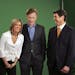 Conan O'Brien, center, visited the KARE 11 studios to shoot promotional spots with KARE television personalities Julie Nelson, left, and Mike Pomeranz