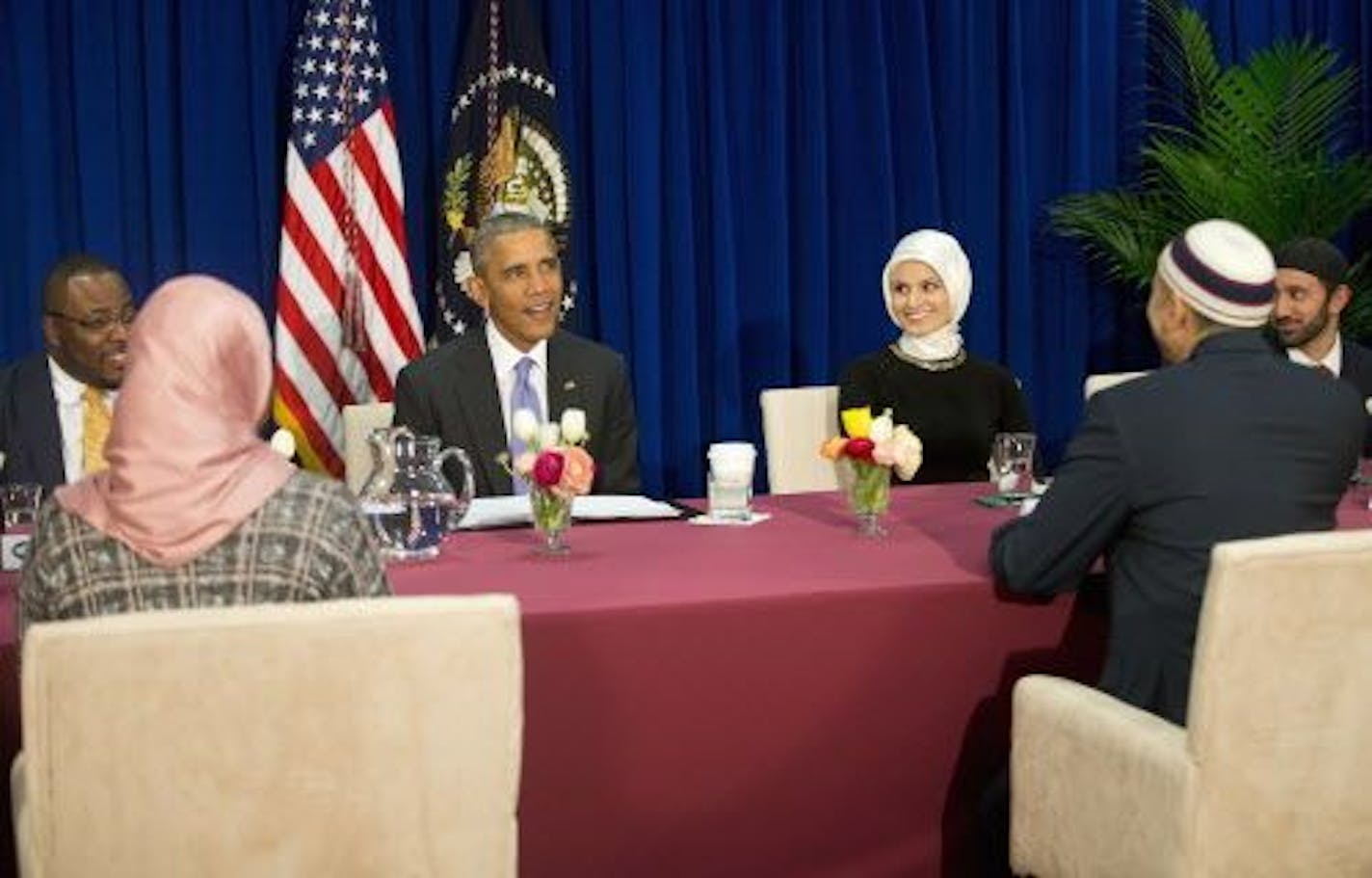 President Barack Obama meets with members of Muslim-American community at the Islamic Society of Baltimore, Wednesday, Feb. 3, 2016, in Baltimore, Md. Obama is making his first visit to a U.S. mosque at a time Muslim-Americans say they're confronting increasing levels of bias in speech and deeds.