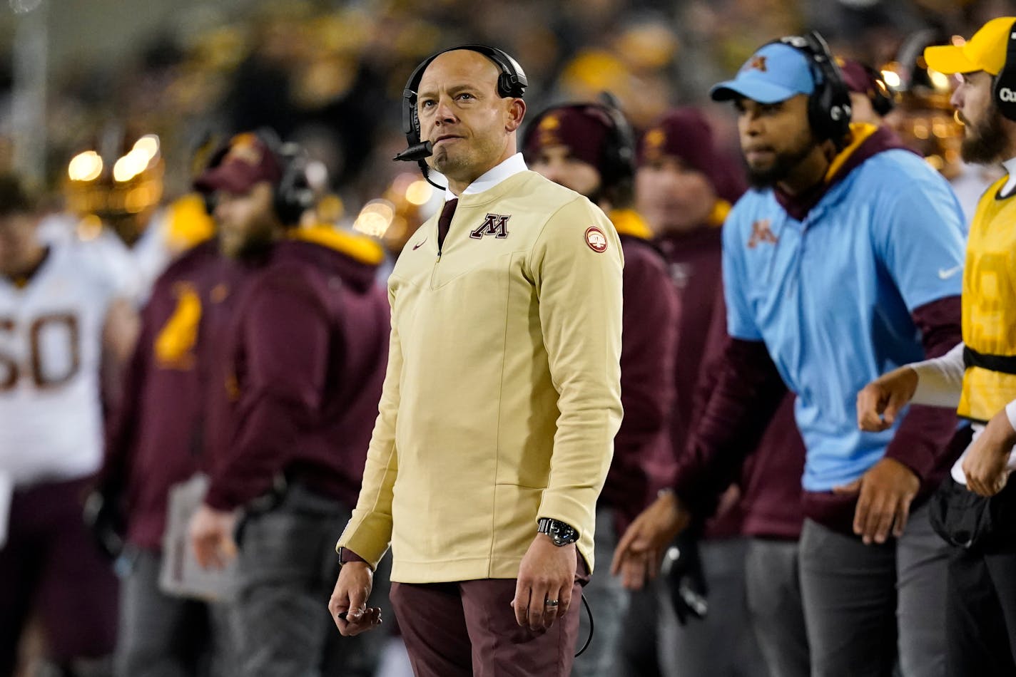 Gophers coach P.J. Fleck watches from the sideline during the second half of Saturday's loss at Iowa.