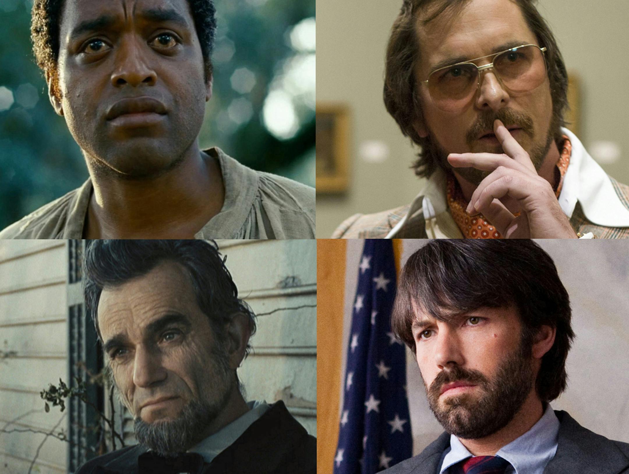 Star Tribune file photos From the left, Chiwetel Ejiofor in "12 Years a Slave," Christian Bale in "AMERICAN HUSTLE," Daniel Day-Lewis in "Lincoln" and Ben Affleck in "Argo." ORG XMIT: MIN1310290957534256