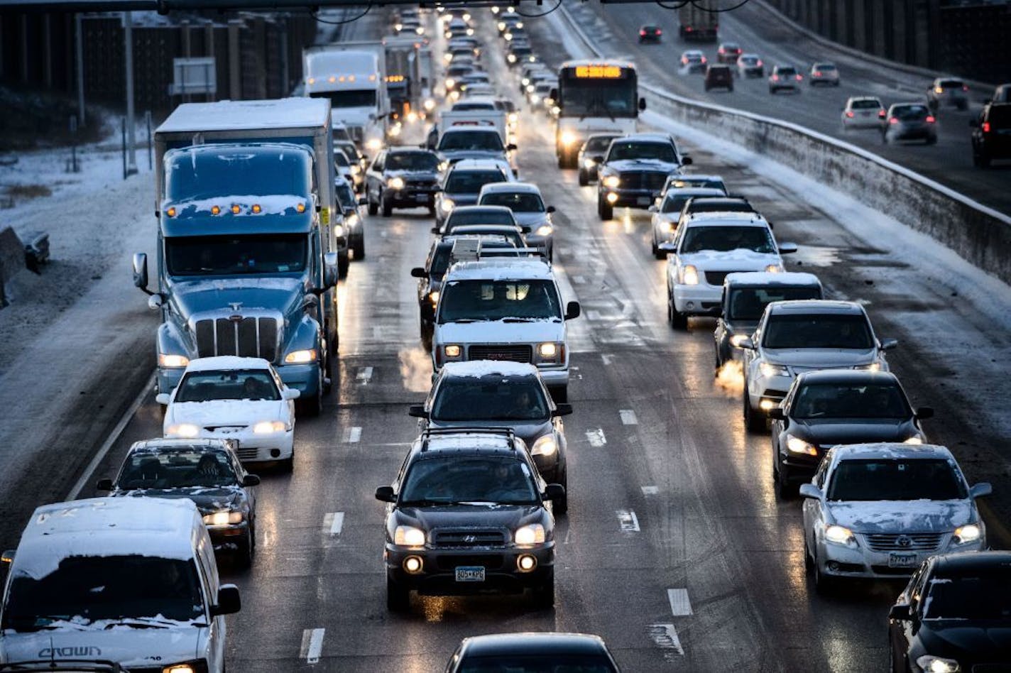 Below zero temperatures made for slick roads and very slow traffic around the metro area, here along I-35W in Burnsville on Monday morning.