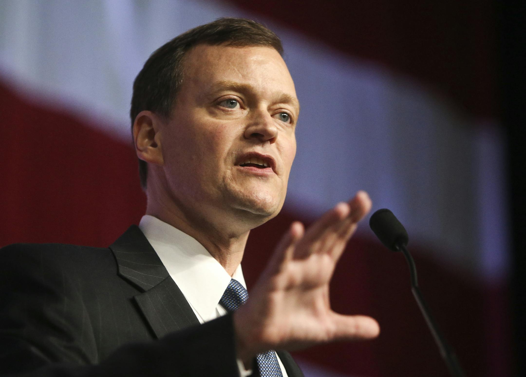 Republican gubernatorial candidate Jeff Johnson addressed delegates at the Minnesota Republican Party Convention at the Rochester Civic Center Saturday, May 30, 2014, in Rochester, Minn.