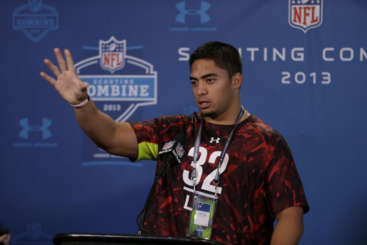 Notre Dame linebacker Manti Te'o answers a question during a news conference at the NFL combine in Indianapolis.