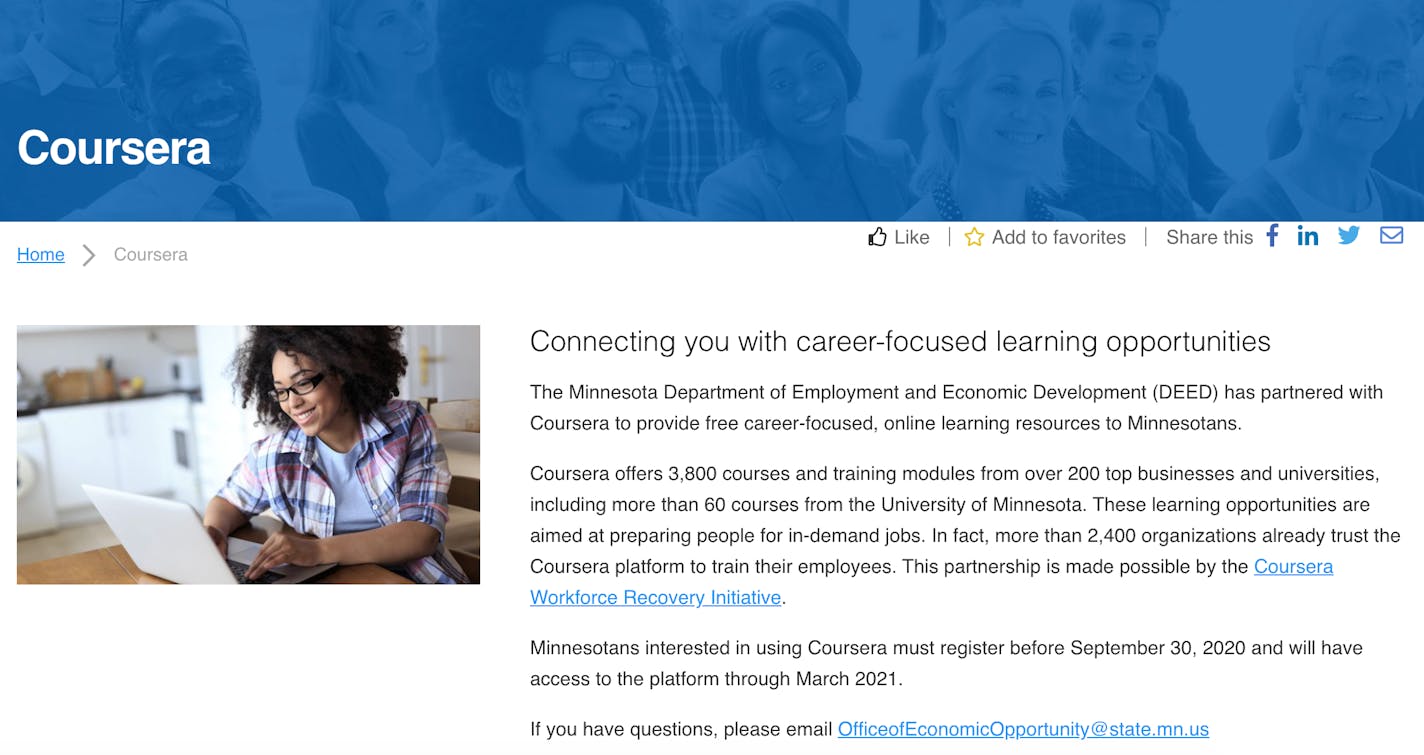 The state economic development agency will pay for Minnesotans to take online courses via the Coursera platform, shown here.