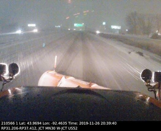 A view from a snowplow working Tuesday night on Interstate 90 in southern Minnesota.