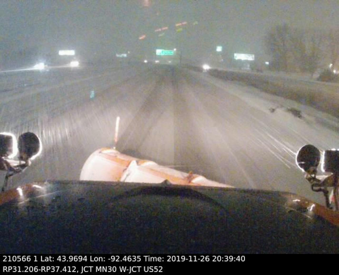 The view from a MnDOT snowplow on Hwy. 63 just south of Rochester on Tuesday night.