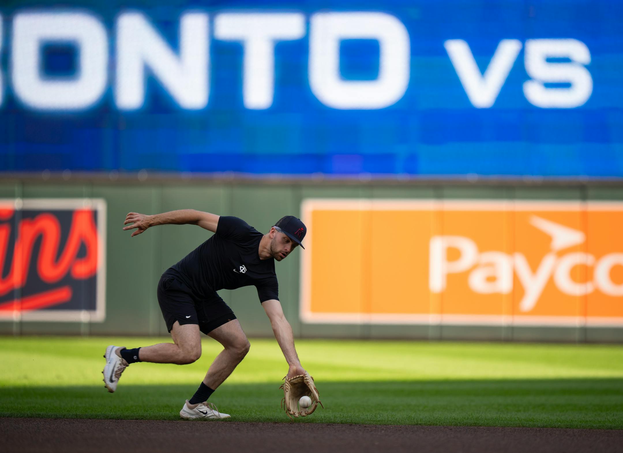 Minnesota Twins second baseman Edouard Julien during infield practice Monday afternoon. The Minnesota Twins worked out at Target Field in Minneapolis Monday, October 2, 2023, the day before they face the Toronto Blue Jays in an American League Wild Card Playoff Series.