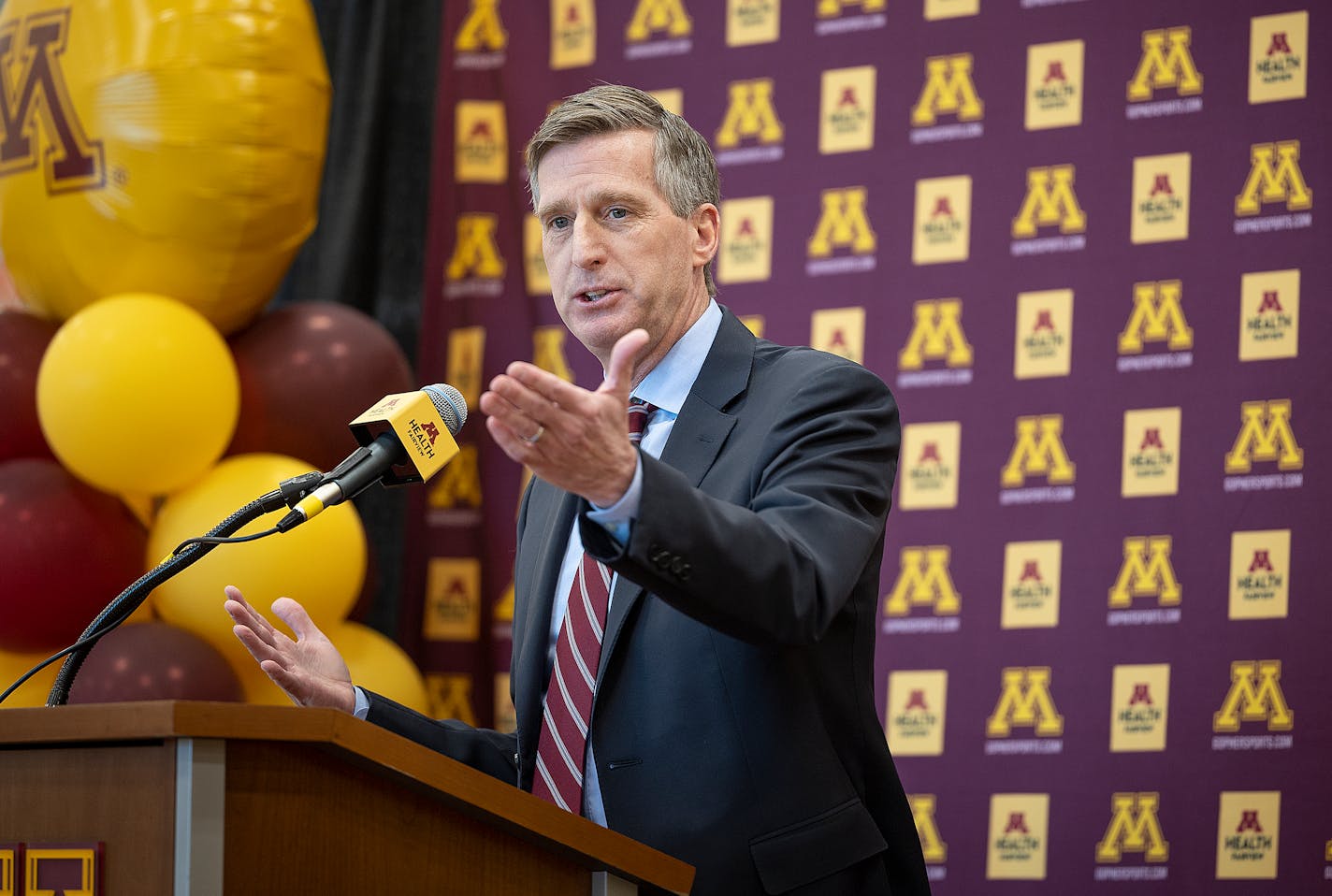 University of Minnesota Athletic Director Mark Coyle addresses the media during a press conference at the Athletes Village practice court in Minneapolis, Minn., on Monday, March 20, 2023. ] Elizabeth Flores • liz.flores@startribune.com