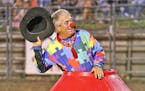 Rodeo clown and barrel man Donnie Landis of Gooding, Idaho, performed at the Hamel Rodeo last weekend.