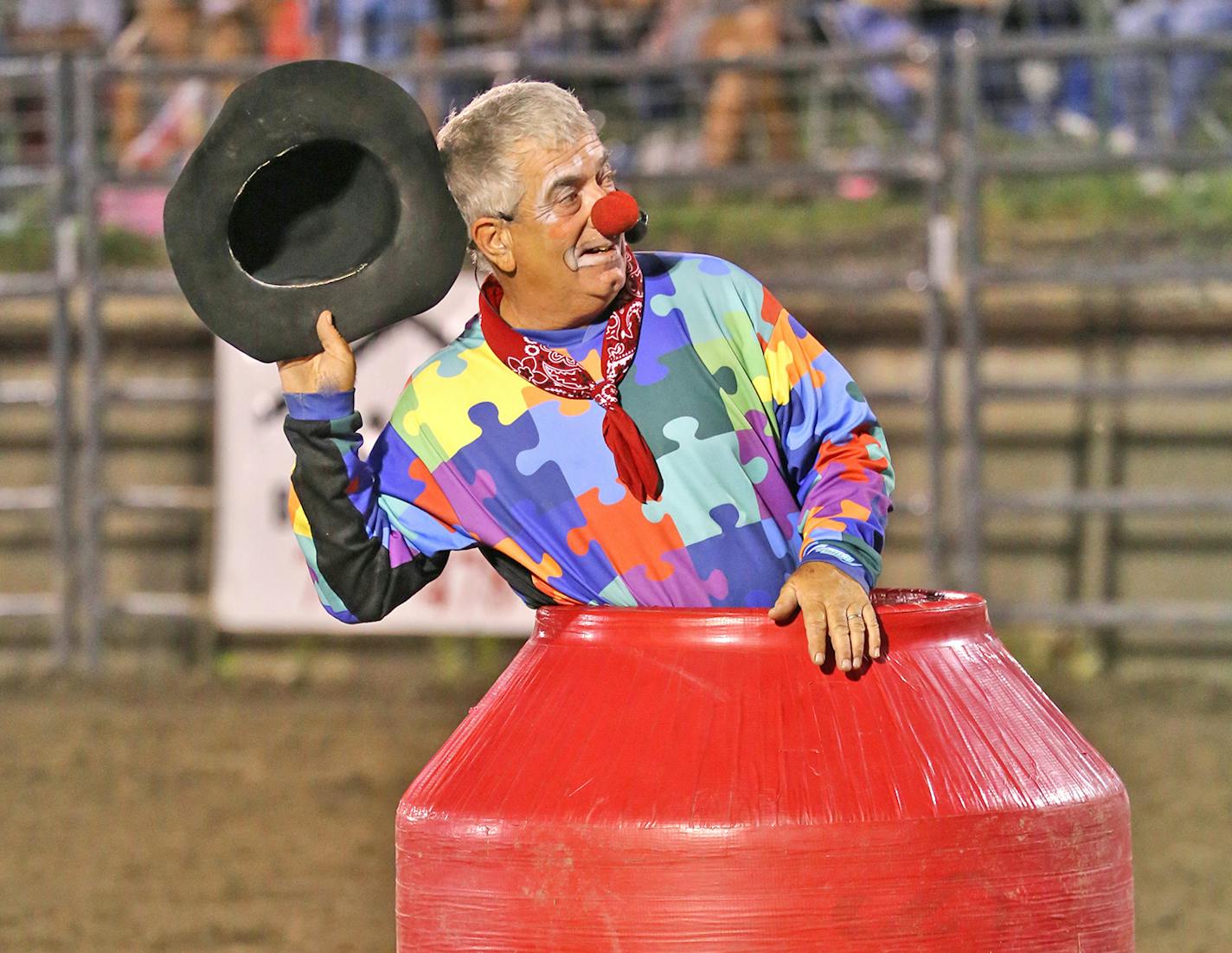 Rodeo clown and barrel man Donnie Landis of Gooding, Idaho, performed at the Hamel Rodeo last weekend.