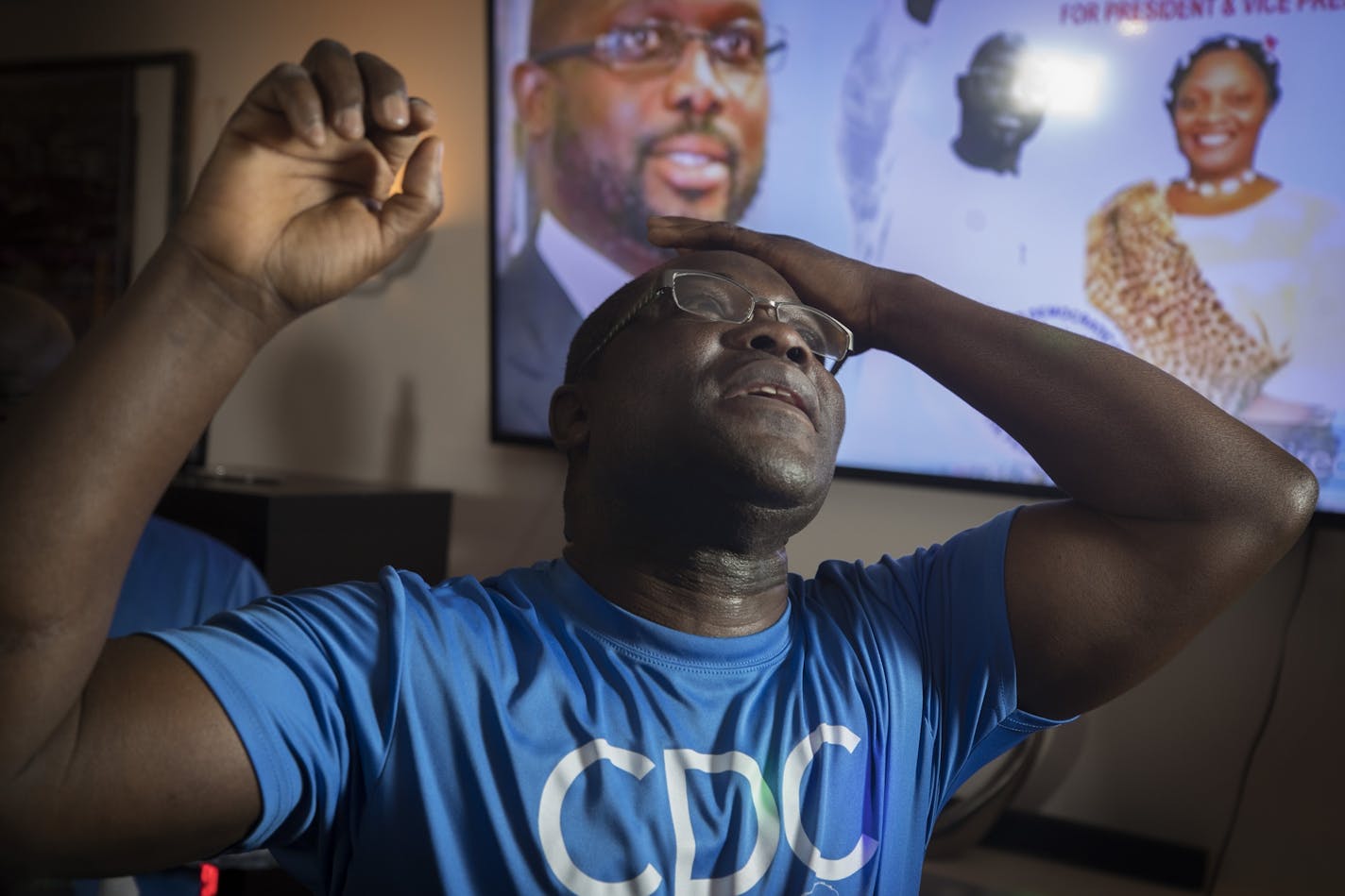 Charles Krogee Chairman of the Coalition for Democratic Change MN, celebrated a preliminary win for his party during a landmark presidential election in Liberia at a election party Tuesday December 26, 2017 in Brooklyn Park, MN.